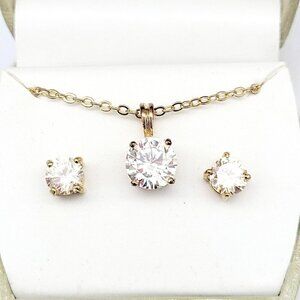 2 Piece Cubic Zirconia Necklace & Stud Earring Set Gold Tone NEW Box Is Broken
